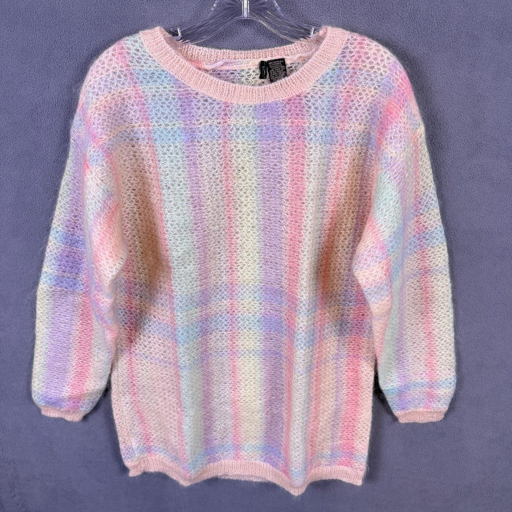 VTG 80s Mohair Pastel Plaid Fuzzy Sweater Womens M Cottagecore Knit Grandma